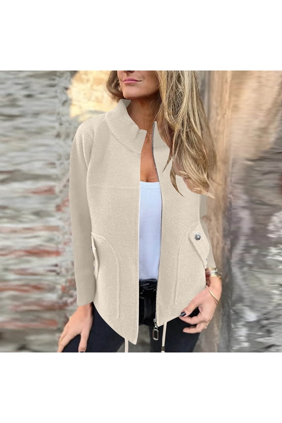 Women'S Solid Color Long Sleeve Tweed Jackets with Pockets,Casual Zipper Stand Collar Womens Tops,Cmofy Hoodless Outerwear Fall Coats,White,XXL