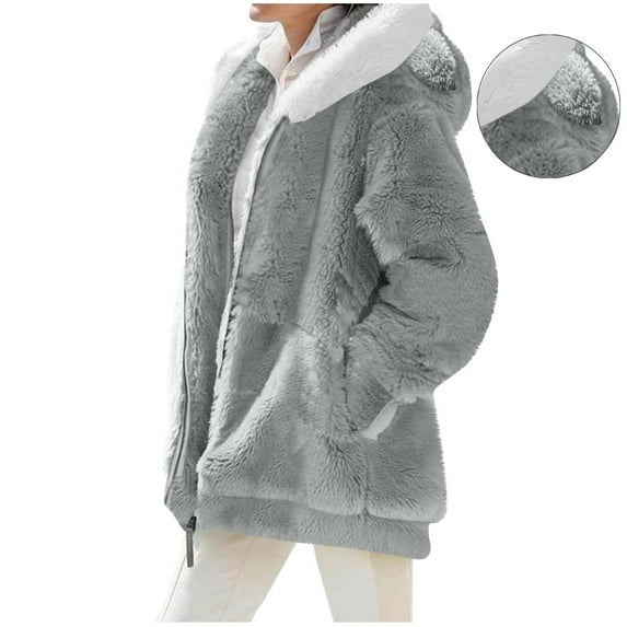 Zedker Women'S Solid Color Soft Plush Hooded Jackets with Cute Ears Decoration,Casual Long-Sleeved Zip Up Pockets Outerwear, Loose Cozy Fleece Coats,Gray,XL