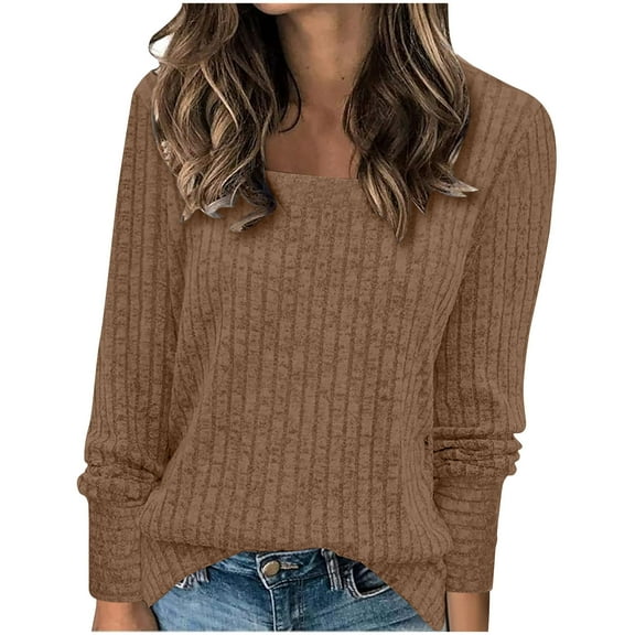Zedker Women'S Square Neck Casual Long Sleeve Pullover Ribbed Knitted Sweaters with Hem Slit,Comfy Elastic Cuffs Thermal Fall Clothes,Khaki,L