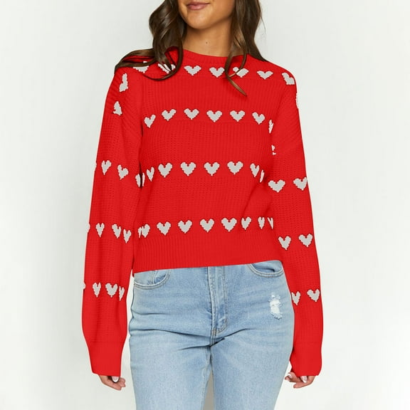 Zedker Women'S Striped Heart-Shaped Printed Casual Crewneck Long Sleeve Comfy Loose Pullover Pointelle Knitted Sweaters for Fall,Red,M