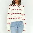thumbnail image 1 of Zedker Women'S Striped Heart-Shaped Printed Casual Crewneck Long Sleeve Comfy Loose Pullover Pointelle Knitted Sweaters for Fall,White,M, 1 of 9