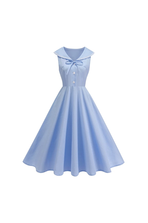 Women Short Sleeve V-Neck Dress 1950s Vintage Cocktail Party Swing Short Style Blue Plus L