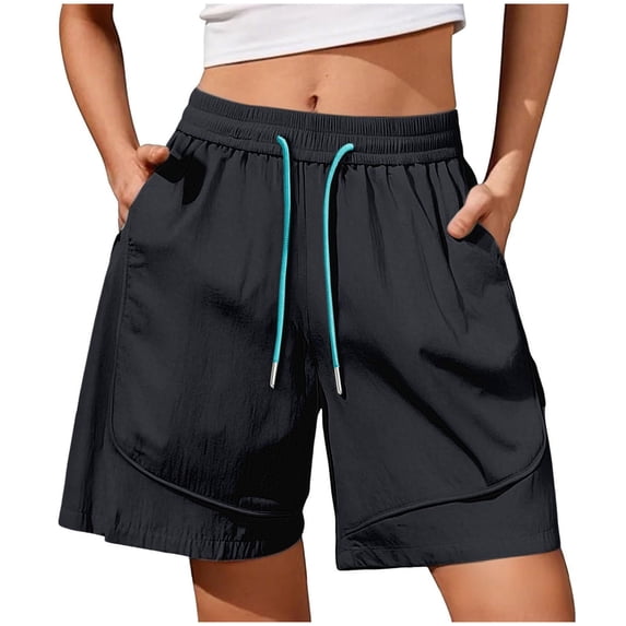 Zedker Women Shorts Knee Length Hiking with Pockets Summer Elastic Waist Drawstring Black Plus L