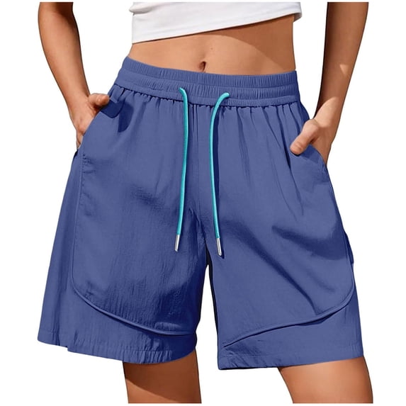Zedker Women Shorts Knee Length Hiking with Pockets Summer Elastic Waist Drawstring Blue Plus XXXL