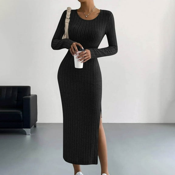 Zedker Women Sweater Dress Fall Fashion Long Sleeve Crew Neck Bodycon Ribbed Knit Pleated A Line Elegant Maxi Winter Dresses Plus Size Black XXL