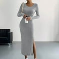 thumbnail image 1 of Zedker Women Sweater Dress Fall Fashion Long Sleeve Crew Neck Bodycon Ribbed Knit Pleated A Line Elegant Maxi Winter Dresses Plus Size Gray XXXL, 1 of 7
