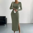 thumbnail image 1 of Zedker Women Sweater Dress Fall Fashion Long Sleeve Crew Neck Bodycon Ribbed Knit Pleated A Line Elegant Maxi Winter Dresses Plus Size Green XXXXL, 1 of 7