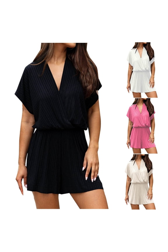 Women Waistband Shorts Jumpsuit Summer Casual Short Sleeve Wide Leg Jumpsuits Dressy Ruched Wrap Rompers Trendy Outfits White S