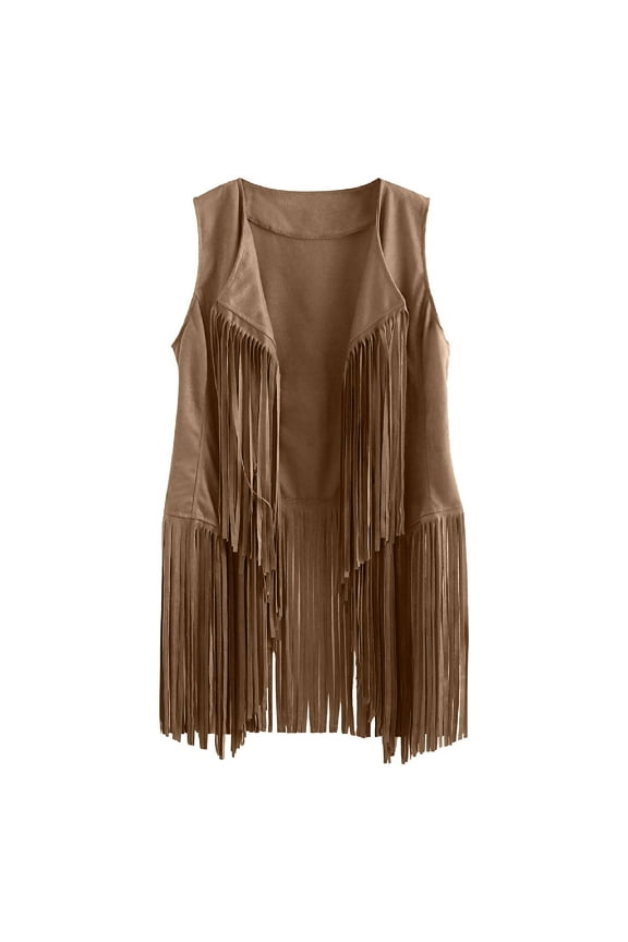 Zedker Women Western Cardigan Jacket Faux Suede Sleeveless Fringe Tassels Tops, Plus Size Khaki S