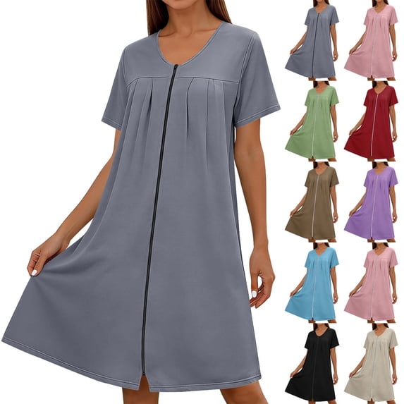 Zedker Women Zipper Robes Short Bathrobe Lightweight Duster House Coat with Pockets Soft Nightgown Beige L