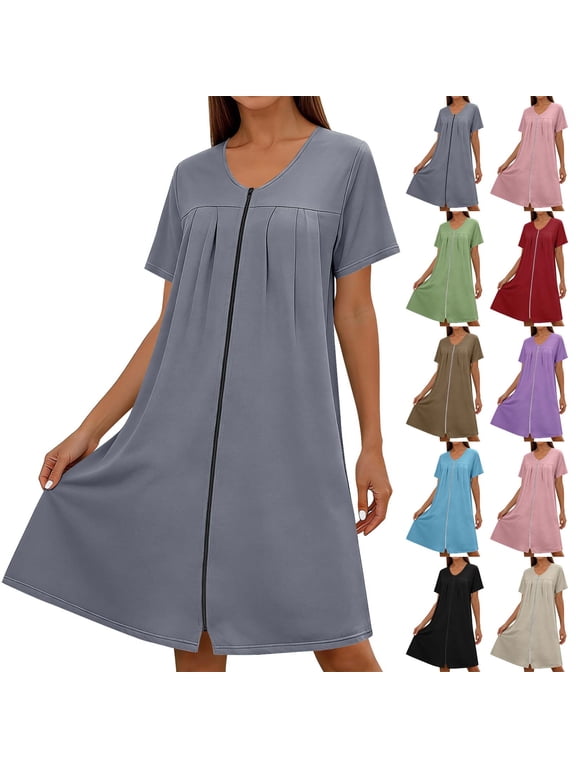Women Zipper Robes Short Bathrobe Lightweight Duster House Coat with Pockets Soft Nightgown Purple XXL