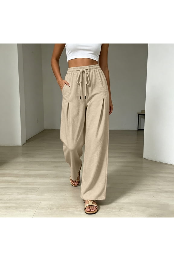 Women's 100% Cotton Linen Balloon Barrel Beach Pants Boho Harem Flowy Drawstring Casual Loose Pants with Pockets Beige L