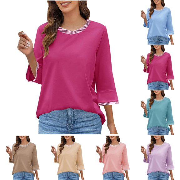 Zedker Women's 3/4 Length Sleeve Tops Dressy Casual Crew Neck Loose Trendy Spring Blouses for Women T Shirts Blue M