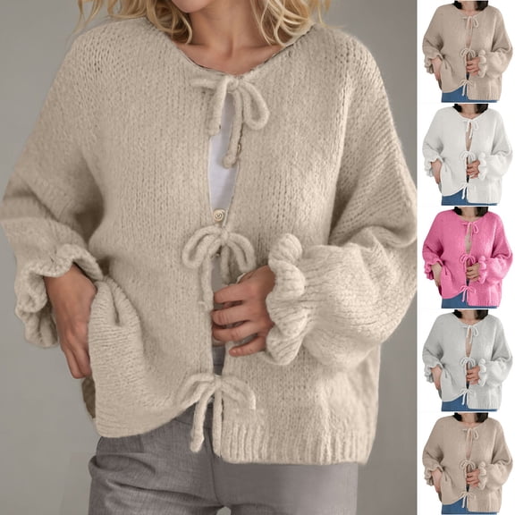 Zedker Women's Bow Tie Front Cardigan Sweaters Oversized Fall Open Front Cardigans Cute Loose Knit Tops