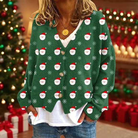 Zedker Women's Button Up Christmas Cardigans Long Sleeve V Neck Winter Funny Graphic Xmas Outerwear,Plus Size Army Green XXL