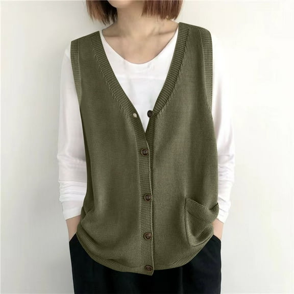 Zedker Women's Button V Neck Sleeveless Vintage Knit Sweater Vest Lightweight Jacket Waistcoat Army Green Plus Free Size
