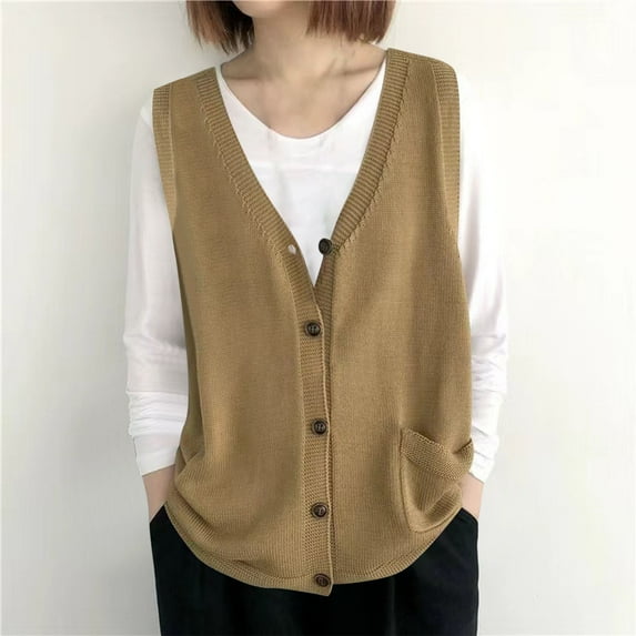 Zedker Women's Button V Neck Sleeveless Vintage Knit Sweater Vest Lightweight Jacket Waistcoat Khaki Plus Free Size