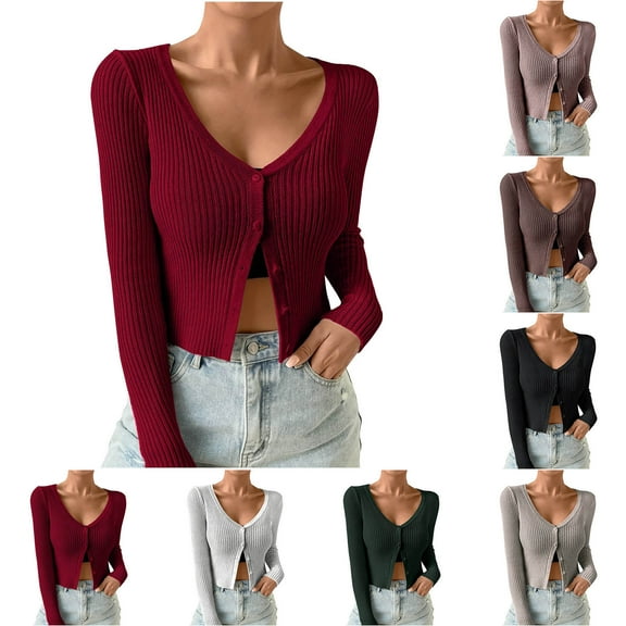 Zedker Women's Cardigans Sweaters Open Front Knit Cropped Sweaters Fall V Neck Long Sleeve Button Down Jacket Tops Pink L