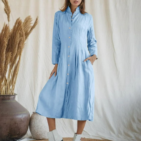 Zedker Women's Casual Button Down Maxi Shirt Dress Long Sleeve Tunic Long Dress, Plus Size BlueM