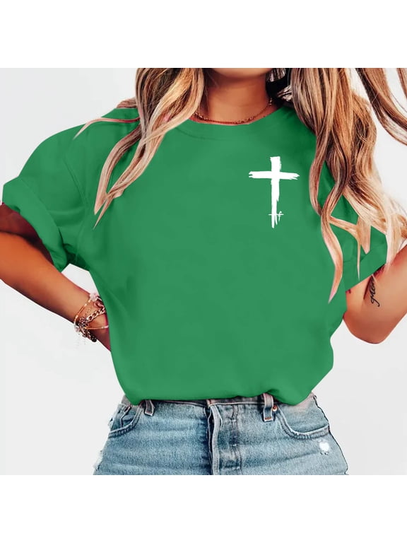 Women's Christian Graphic T Shirts Vintage Jesus Faith Pray Cross Print Tees Inspirational Short Sleeve Shirt