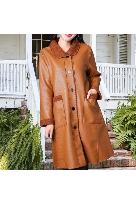 Women's Comfy Lamb Shearling Leather Jackets with Pockets, Casual Lapel Collar Long Sleeve Thermal Fall and Winter Overcoats,Khaki,XXXXXL