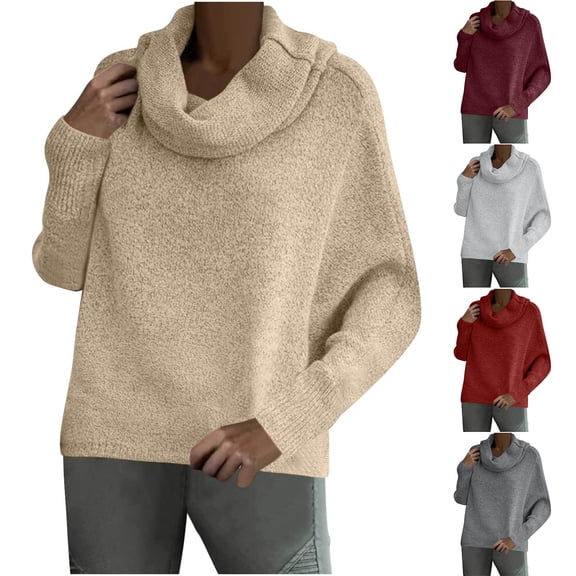 Zedker Women's Cowl Neck Pullover Sweaters with Pockets Lantern Long Sleeve Tunic Jumper Tops Turtleneck Sweater Casual Fall Tops Wine M