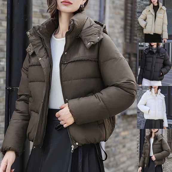Zedker Women's Cropped Puffer Jacket Short Down Coat Thickened Winter With Pocket Lapel Jacket