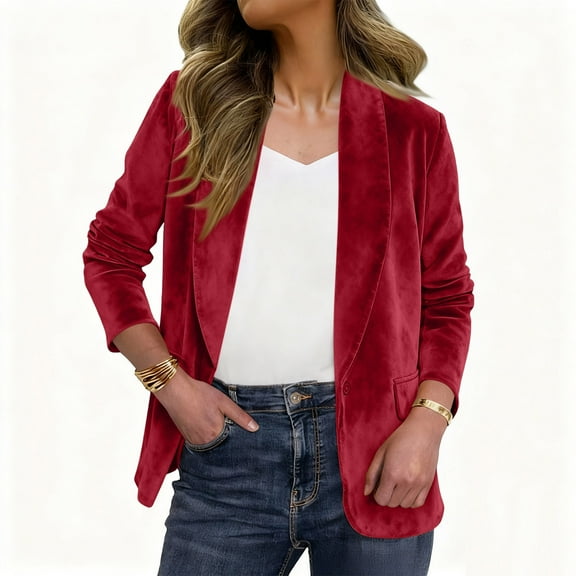 Zedker Women's Elegant Chamois Leather Blazer Fall Cardigan, Casual Solid Color Long Sleeve Comfy Lapel Collar Shirt Jackets with Pockets,Red,XL