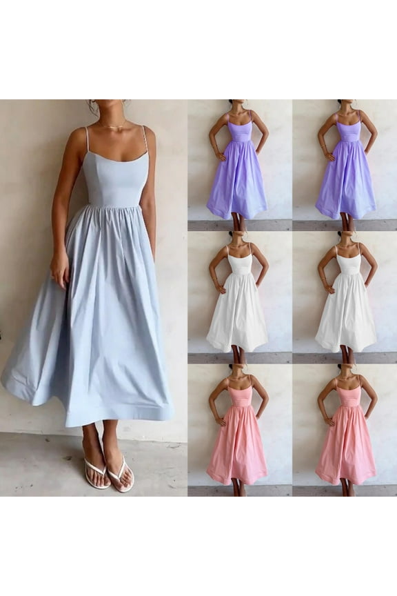 Women's Elegant Corset Bustier Sundress Straps Neck Boho A-Line Midi Lace-Up Solid Vintage Casual Summer Beach Dress Purple S