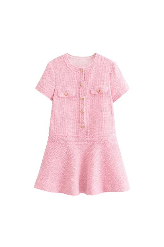 Zedker Women's Elegant Tweed Mini Dress Short Sleeve Button Down A Line Flared Work Party Dress,Size S-XXL