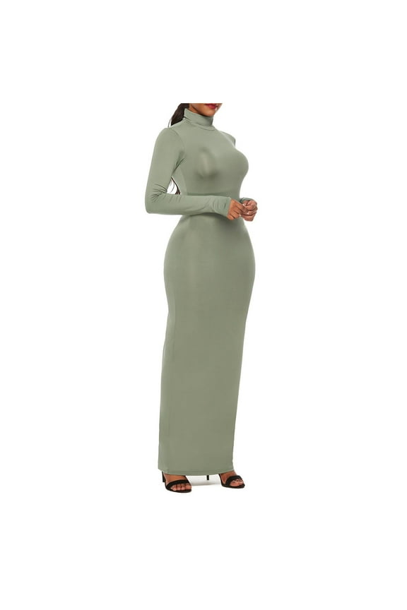 Women's Fall Fashion 2025 Long Sleeve Maxi Dress Ribbed Knit Turtleneck Bodycon Casual Dresses Going Out Outfits, Plus Size GreenXXXXL
