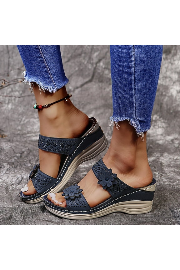 Women's Flat Sandals, Summer Sandals Women Slip On Slide Sandals Casual Flowers High-Heeled Flat-Bottomed Ladies Wedge Sandals Slippers