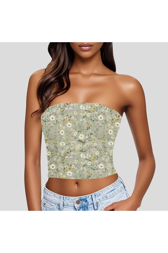 Women's Floral Tube Tops Ruffled Strapless Bandeau Sleeveless Loose Holiday Style Multicolor Plus XL