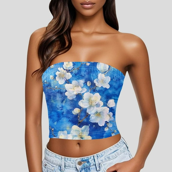 Zedker Women's Floral Tube Tops Ruffled Strapless Bandeau Sleeveless Loose Holiday Style Multicolor Plus XL