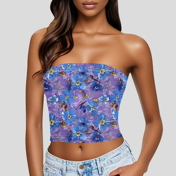 Zedker Women's Floral Tube Tops Ruffled Strapless Bandeau Sleeveless Loose Holiday Style Multicolor Plus XXL