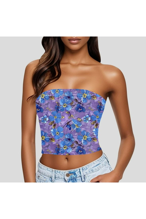 Women's Floral Tube Tops Ruffled Strapless Bandeau Sleeveless Loose Holiday Style Multicolor Plus XXL