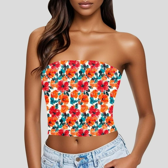 Zedker Women's Floral Tube Tops Ruffled Strapless Bandeau Sleeveless Loose Holiday Style Multicolor Plus XXL