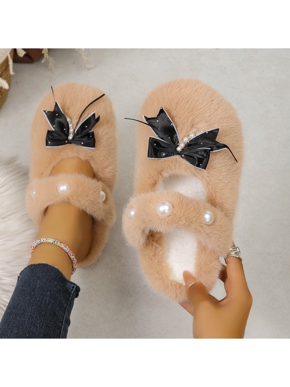 Women's Fuzzy Slide Slippers, Pearl & Bow Decor, Round Toe Soft Flat Sole, Trendy Winter Indoor Outdoor Mules for Ladies House Shoes
