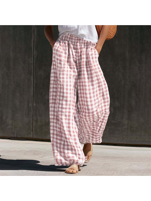 Women's High Waisted Plaid Wide Leg Pants Elastic Waist Cuffed Trousers with Side Pockets,Pants for Women Pink