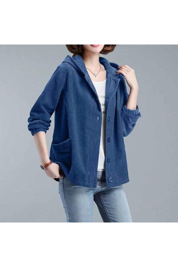 Women's Hooded Long Sleeve Casual Button Elastic Cuffs Jackets with Pockets, Comfy Corduroy Thermal Tops for Fall and Winter,Blue,XXL