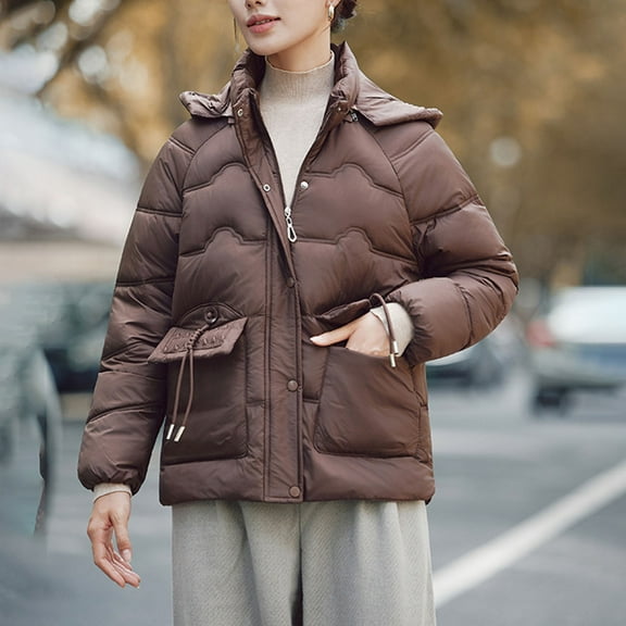 Zedker Women's Hooded Warm Winter Coat Full-Zip Quilted Thicken Puffer Jacket with Removable Hood,Plus Size CoffeeXXL