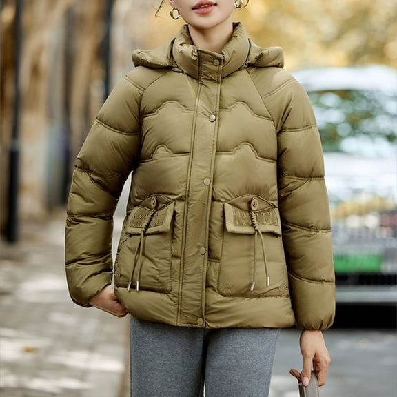 Zedker Women's Hooded Warm Winter Coat Full-Zip Quilted Thicken Puffer Jacket with Removable Hood,Plus Size KhakiXXL