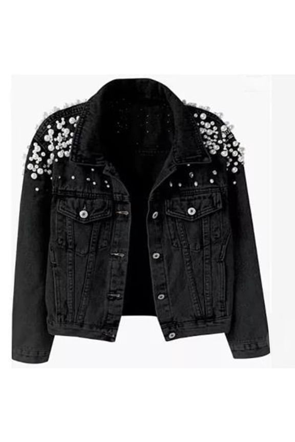 Women's Jean Jacket Embroidered Rivet Pearl Short Denim Jacket Coat,Plus Size Black L