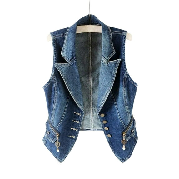 Zedker Women's Lapel Denim Vest Button Jacket Sleeveless Jean Waistcoat Dark Blue Plus S