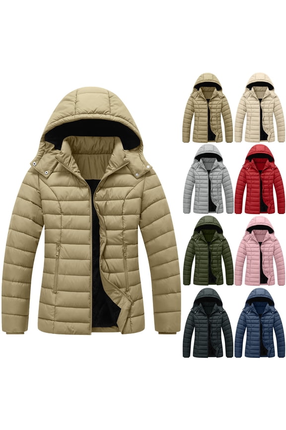 Women's Lightweight Puffer Jacket Quilted Padded Full-zip Water-Resistant Winter Coat with Hood Pockets Beige Size S-XXL