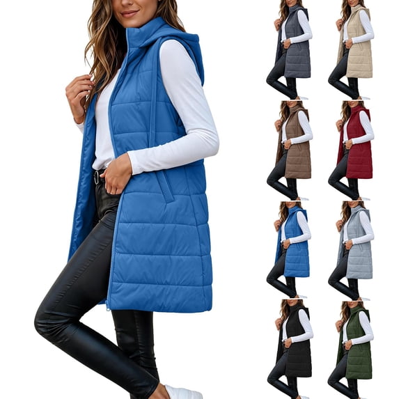 Zedker Women's Long Hooded Warm Puffer Vest Sleeveless Full Zip Quilted Longline Gilet with Pockets Blue Jackets for Women