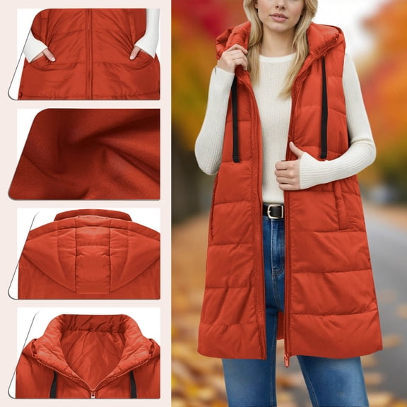 Zedker Women's Long Puffer Vests with Hood, Winter Quilted Sleeveless Jackets, Stand Collar Fleece Coats with Pockets, Casual Warm Zip Up Front Fall Tops,Orange,M
