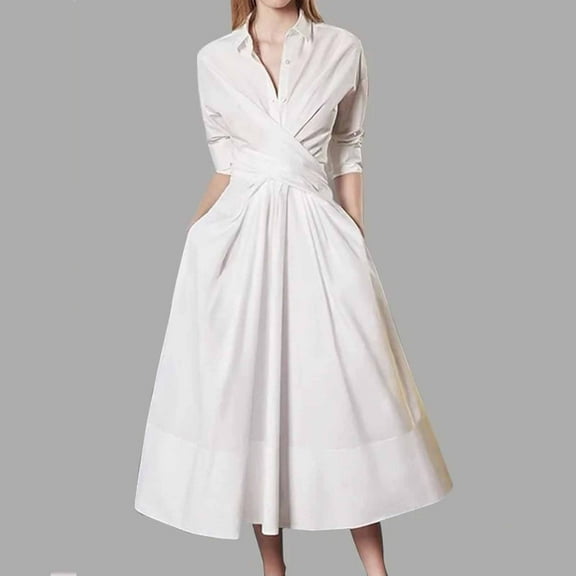 Zedker Women's Long Sleeve Dresses Elegant A-Line Business Formal Midi with Pockets Shirt Style,Size S-XXL