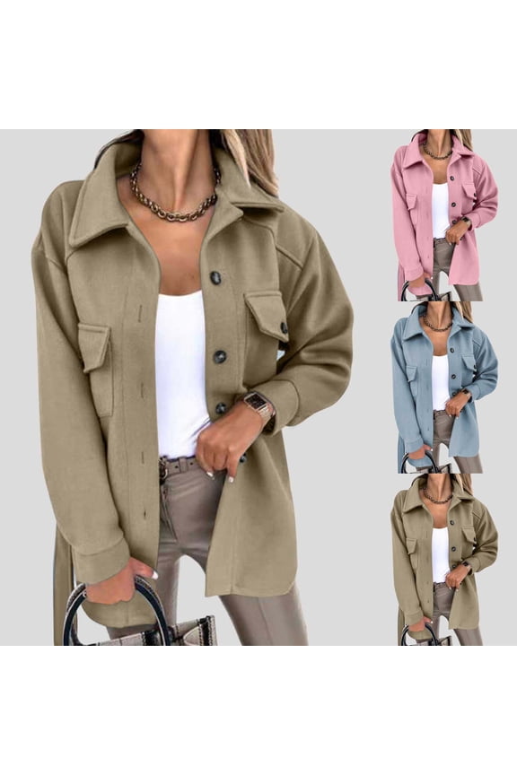 Women's Long Sleeve Office Work Jackets, Elegant Solid Color Lapel Single Breasted Wool Coat With Belt, Pocket Overcoat