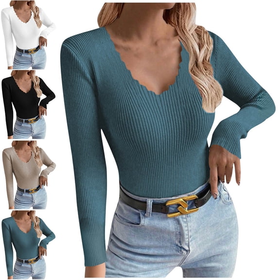 Zedker Women's Long Sleeve T Shirt V Neck Ribbed Knit Fitted Casual Tops Tee Slim Basic Shirt Black L